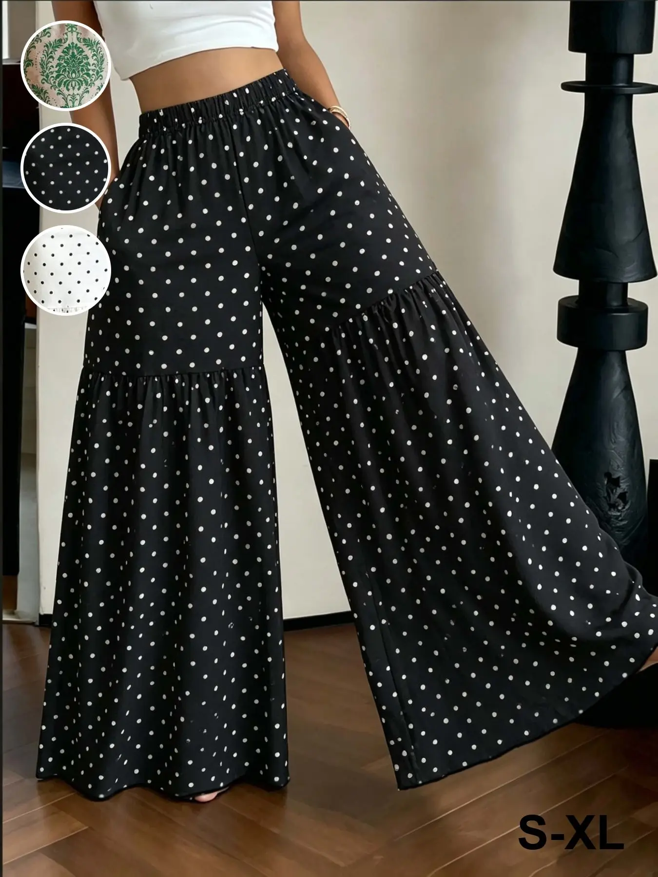 Flowy Patterned Patchwork Flare Pants, Loose-Fit Wide-Leg Trousers with Side Pockets, Casual Vacation Wear for Women, All Seasons