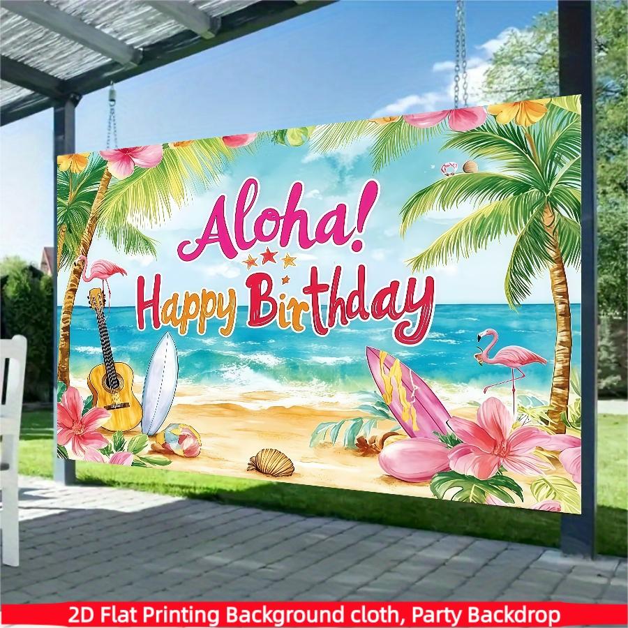 Vibrant Hawaiian birthday background banner,graffiti beach scene with flamingos and palm trees, suitable for summer parties, photo booth props and cake table decorations, Hawaiian party decorations, multifunctional decorations for outdoor birthday parties