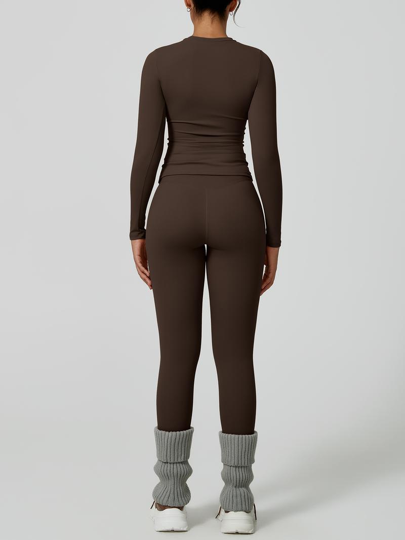 Two-Piece Set Women's Patchwork High Elastic Soft Round Neck Flat Shoulder Long Sleeve Slim Fit Beautiful Hip Tight Pants Yoga Clothes suit Four Seasons Outdoor Running Cycling Hiking Walking Shopping Fashion suit Gym Sporty High Stretch