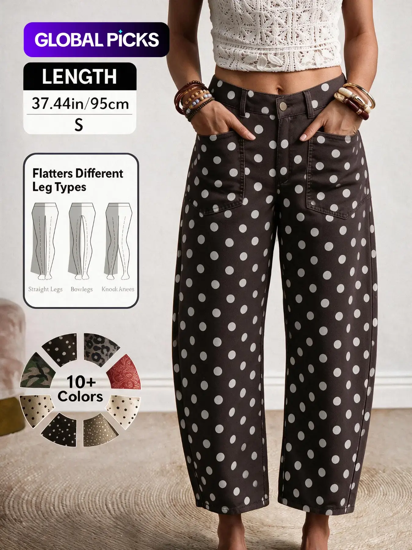 Women's Polka Dot Print Vintage Elegant Denim Curvy Pants, Stylish Retro Design, Comfortable Fit, Perfect for Casual Wear