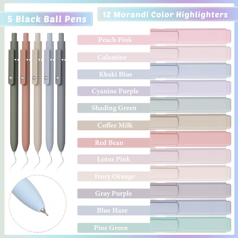 18 Pcs Christmas Gift Aesthetic School Supplies Study Supplies Set Gift with Big Capacity Pencil Case 12 Colorful Highlighter 5 Quick Dry Retractable Black Ink Pens Back To School Gift Bible Study Supplies Book Annotation Kit