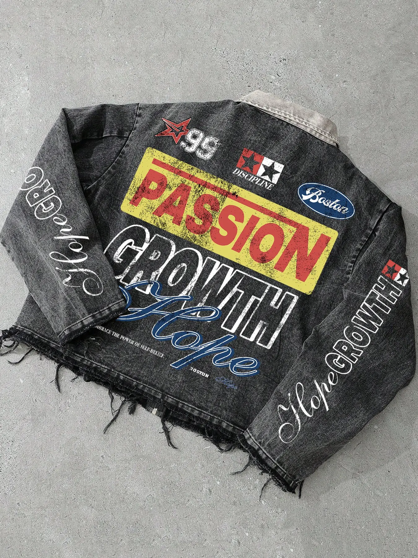 Y2K Grunge Aesthetic Distressed Denim Jacket For Men, Long Sleeve Relaxed Fit Streetwear Coat With Multi Vintage Racing Logo & Script Letter Print On Back And Sleeves, Raw Frayed Hem Denim Outerwear For Weekend Party Casual Daily Wear Outerwear Coats