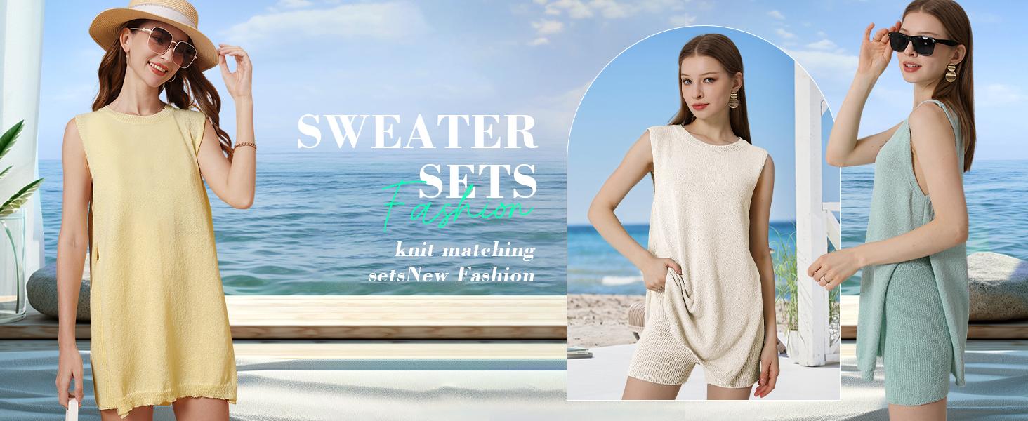 Arssm Women Summer Sleeveless Sweater Sets Knit 2 Piece Outfits Tunic Tank Top Matching Shorts Vacation Beach Sets Womenswear Slim Clothes Crewneck Fitted Suits Loose Casual