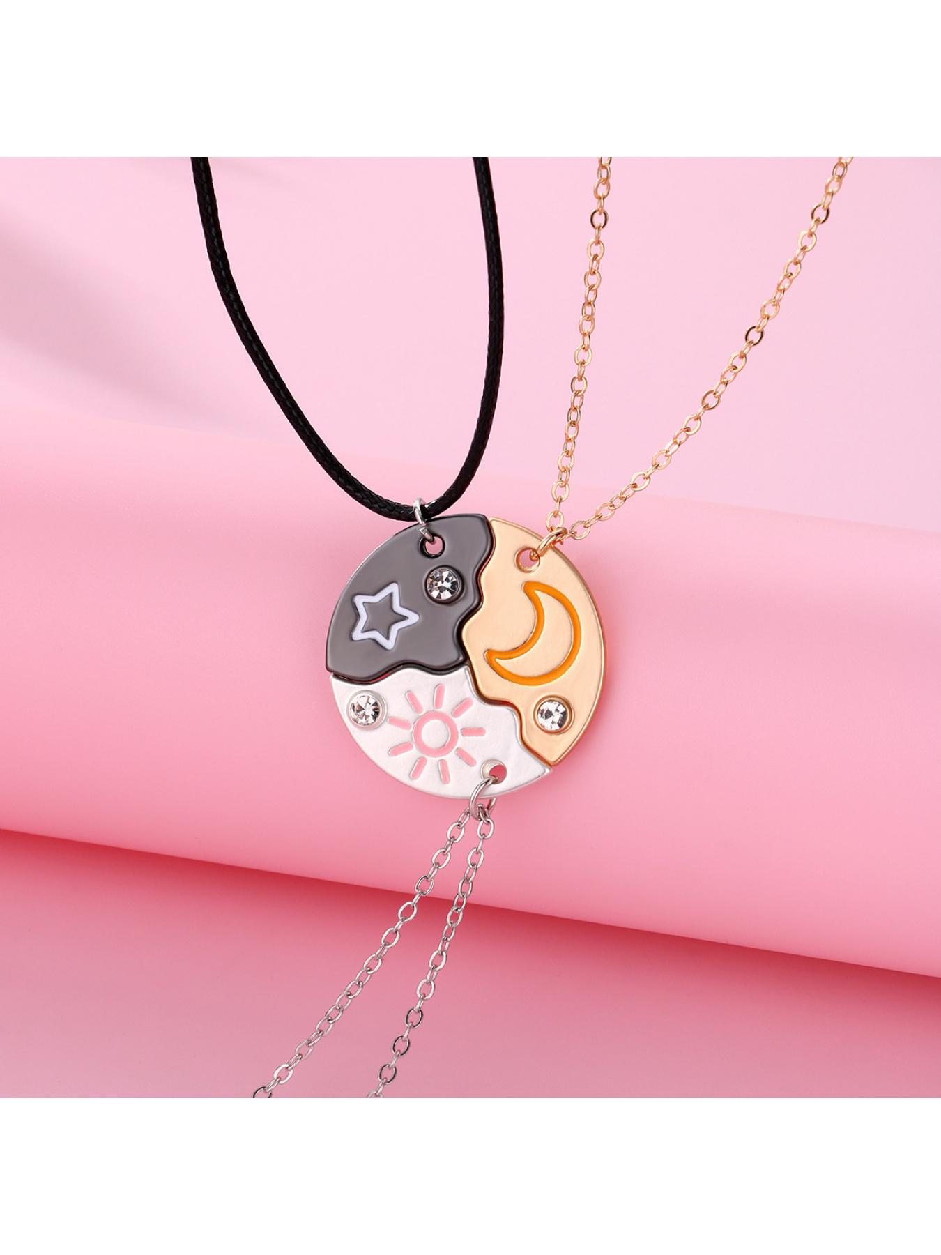 Set of 3 Round Rhinestone Star Moon Sun Friendship Necklaces BFF Best Friends Forever Fantasy Cute Pendant for Unbreakable Friendship