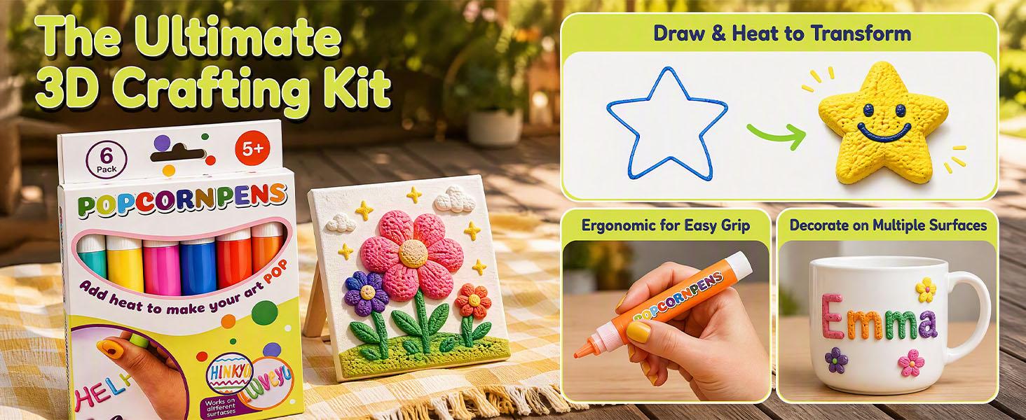 Popcorn Pens, Puffy Popcorn Pens 3d Art, 6 Colors Diy Bubble Popcorn Drawing For Greeting Birthday Cards Kids, 6PCS-1 Box