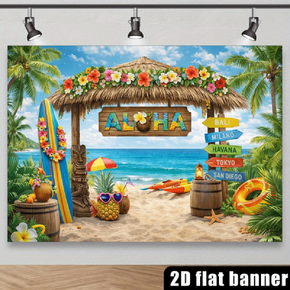1PC 2D Flat Event Banner Backdrop, Hawaiian Tropical Beach Party Decor with Thatched Hut, Surfboard, Pineapple Elements, for Summer Festival & Birthday Events