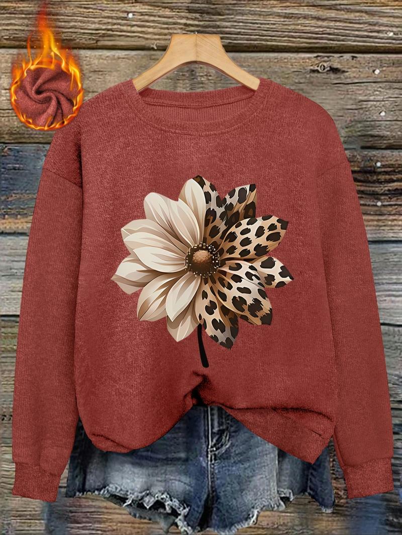 [Autumn and Winter] Leopard print flower print women's casual and fashionable round neck faux wool top, women's round neck faux wool top, letter, pattern comfortable round neck faux wool top, suitable for autumn and winter season
