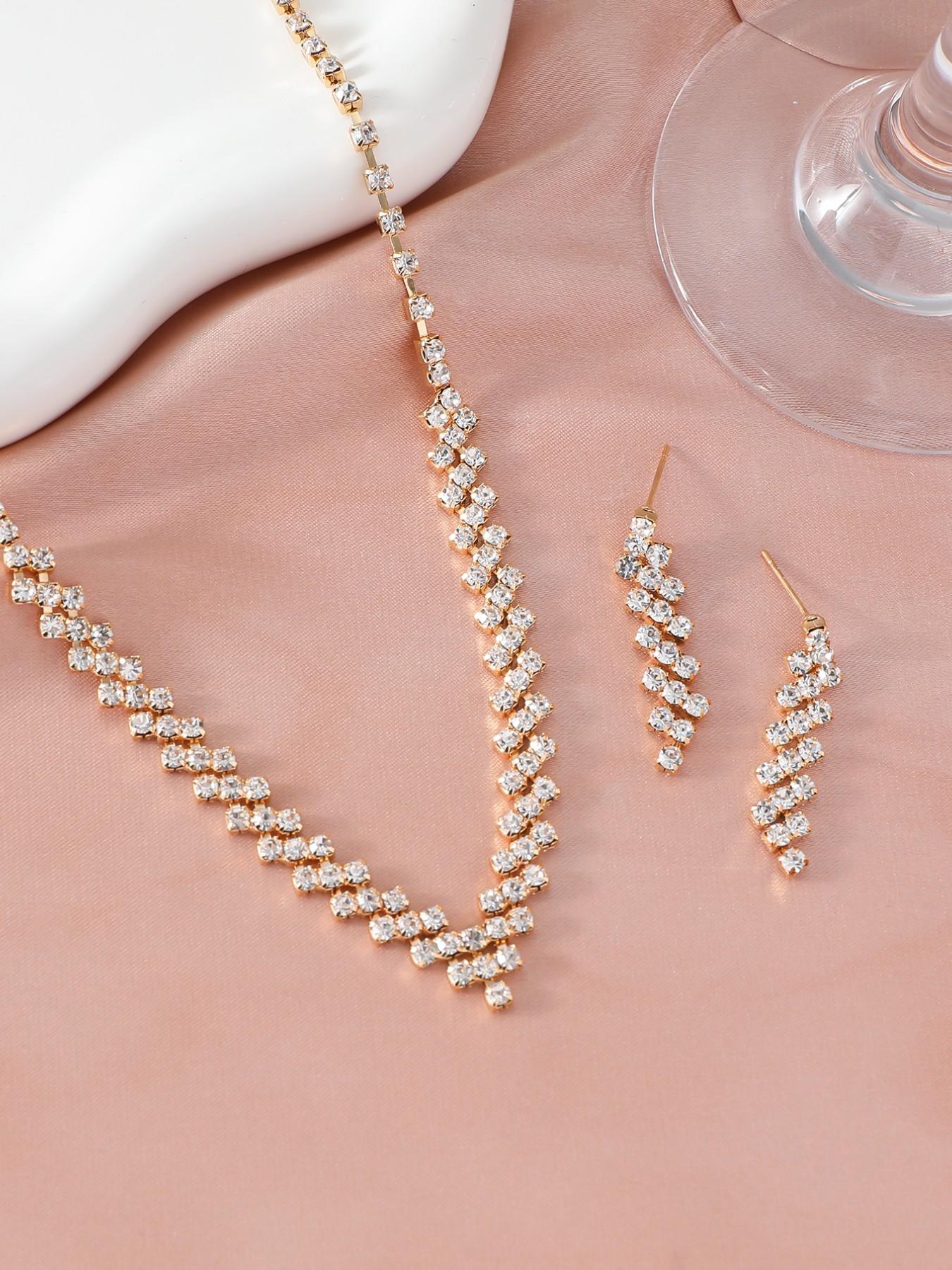 Elegant Rhinestone V-Shape Necklace & Earrings Jewelry Set, Perfect for Parties, Weddings, Birthdays, Gifts, All Seasons