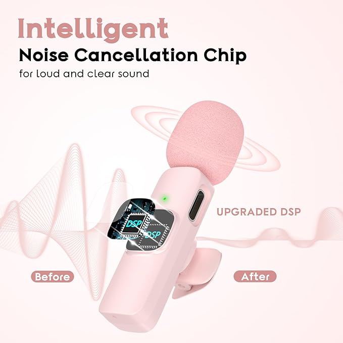 Pink Wireless Lav Microphone for iPhone & Android - Mini Clip-On Mic with Noise Cancellation, 65ft Range, 8H Battery, USB-C/Lightning - for TikTok, YouTube, Podcast, Live Streaming