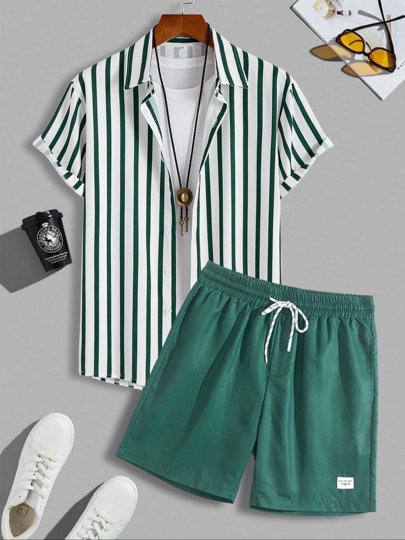 Men's Colorblock Striped Print Button Front Shirt & Shorts Set, Casual Short Sleeve Collared Top & Shorts, Men's Summer Clothes for Beach Vacation