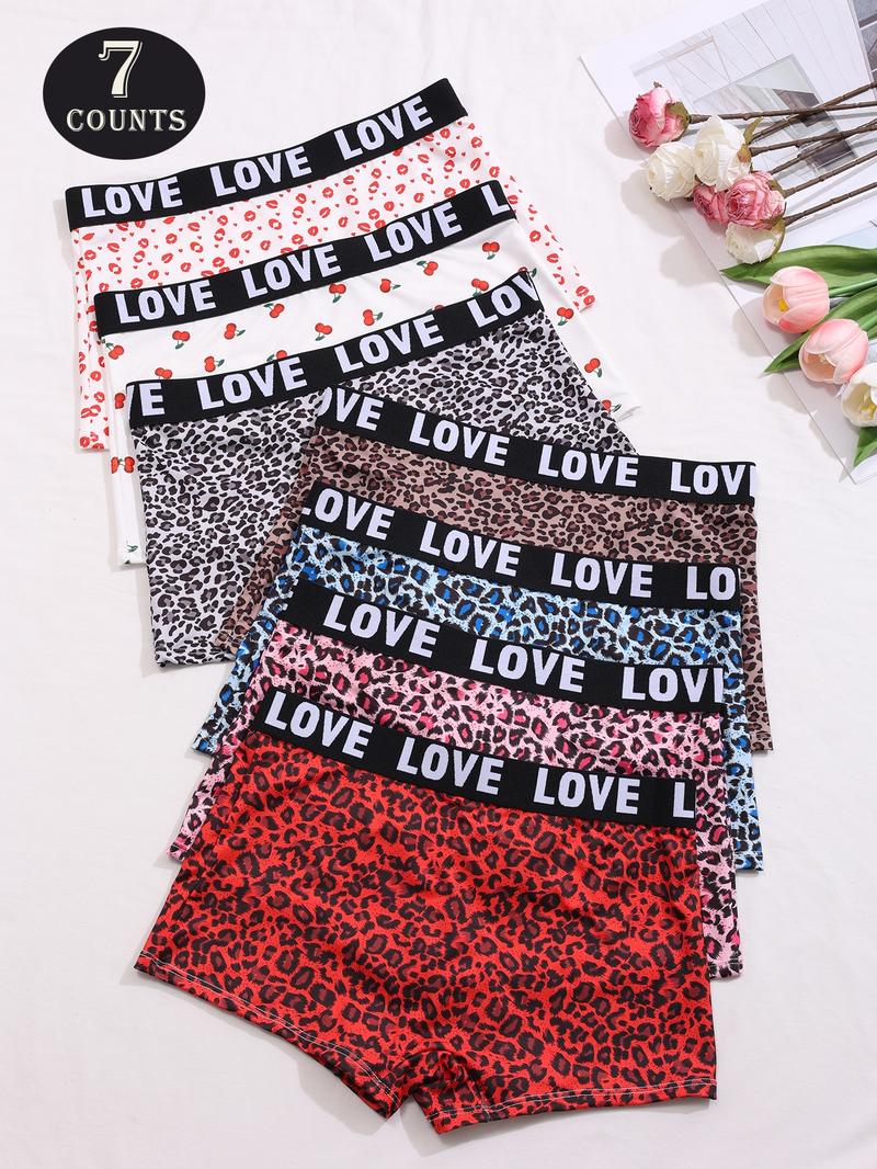 Women's Leopard & Cherry & Lip Print Boyshorts, Soft Comfy Breathable Panty for Daily Wear, Underwear for All Seasons, Casual Breathable Knicker