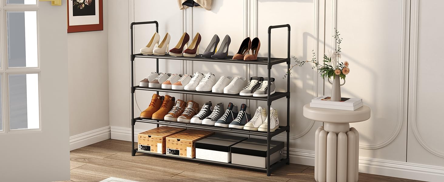 4-Tier Shoe Rack, Metal Shoe Tower, 20 Pairs Shoe Storage Shelf, Entryway Stackable Shoes Organizer with 4 Tiers Metal Shelves, for Closet, Hallway, Entryway, Black