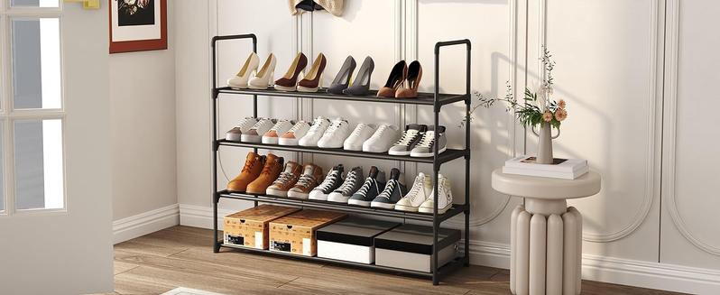 4-Tier Shoe Rack, Metal Shoe Tower, 20 Pairs Shoe Storage Shelf, Entryway Stackable Shoes Organizer with 4 Tiers Metal Shelves, for Closet, Hallway, Entryway, Black