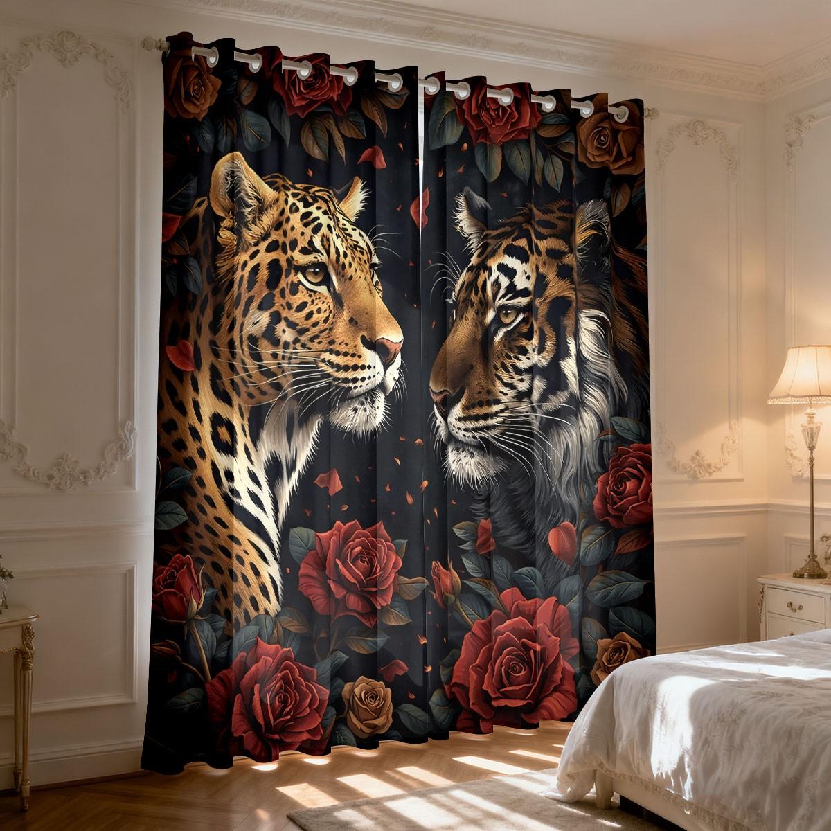 2-piece pack of wild retro style red rose golden leopard tiger print filter translucent curtains suitable for machine washable decorative curtains in living room, bedroom, kitchen, etc.
