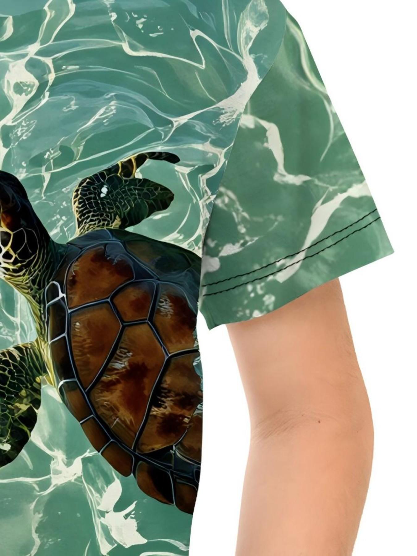 Boys' 3D Turtle Swim Print Short Sleeve T-Shirt, Casual Ocean Style Round Neck, Slim-Fitting Long T-Shirt for Middle School Boys