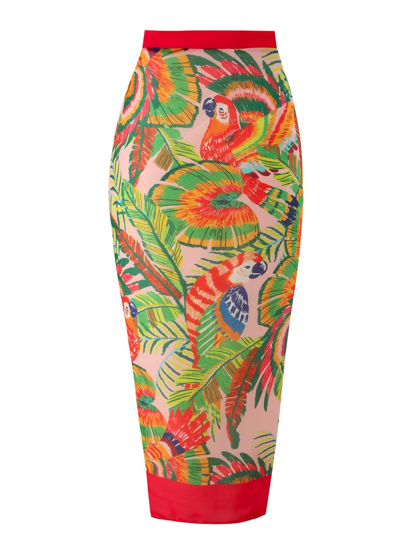 Two Counts Women's Tropical Print Flower Decor One-piece Swimsuit & Cover Up Skirt Set for Spring, Summer Clothes Women One Shoulder Beach Swimsuit & Knot Wrap Skirt Set, Tummy Control Swimswear, Girly Clothes