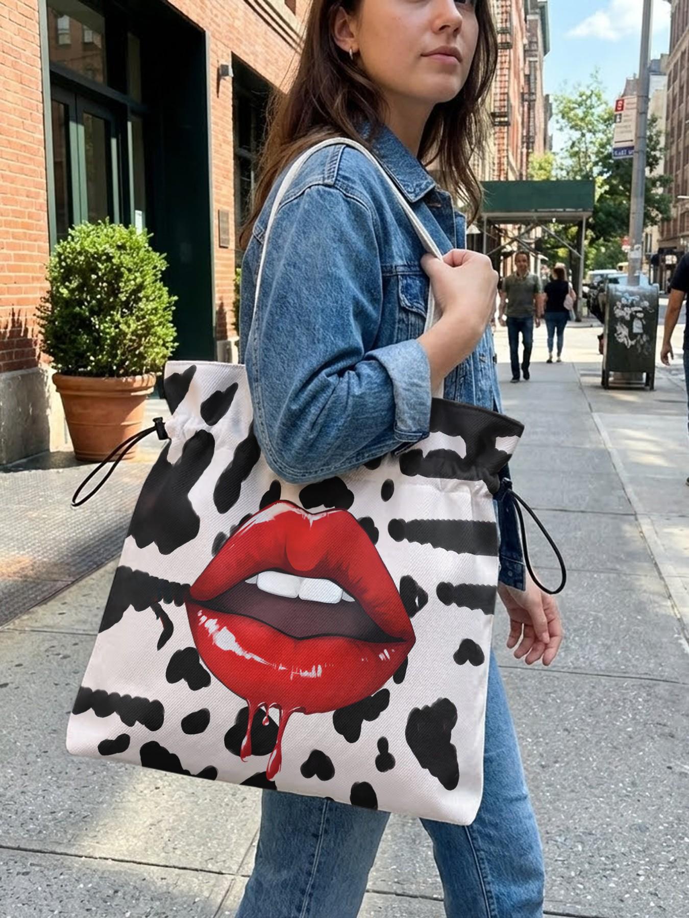 Lips Pattern 2D Printed Drawstring Tote Bag, Large Capacity Shopping Bag, Durable and Wear-Resistant, Casual Style for Work/promenade/lunch