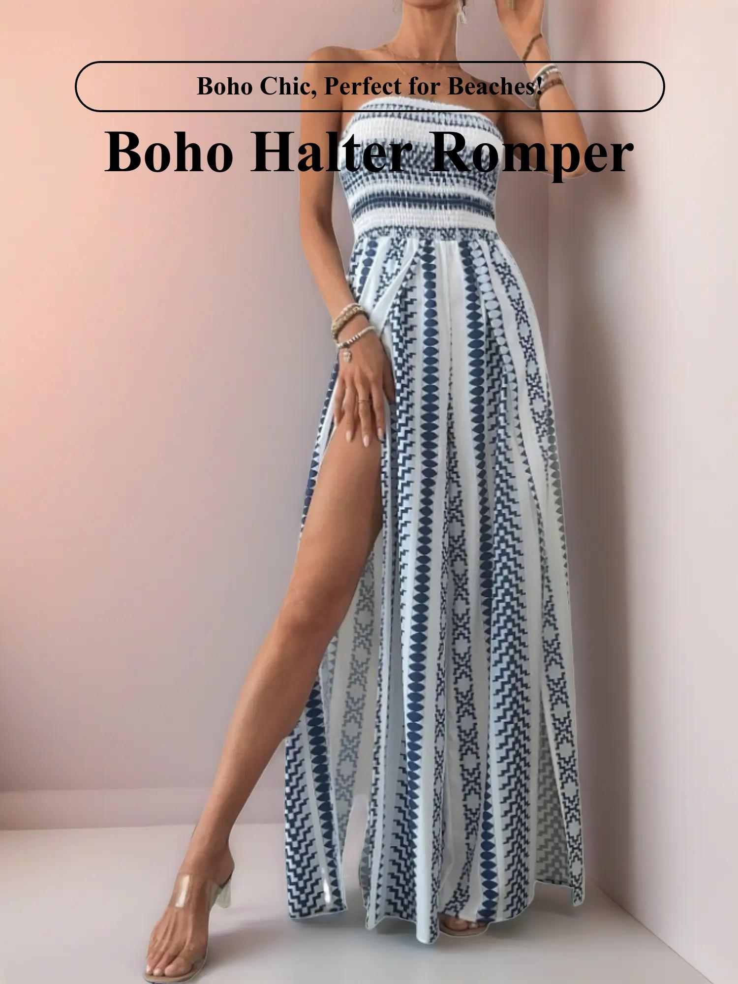 Spring Summer Boho Halter Romper, Beach Vacation Essential, High Waist Loose Fit, All over Print, Casual Style