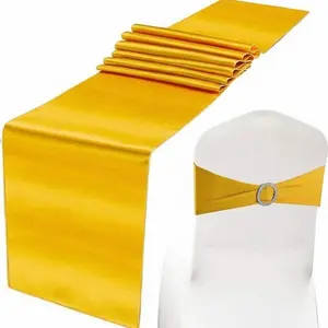 25 Pcs Gold Chair Sashes Bow with 10 Pcs Satin Table Runner Spandex Chair Sashes with Buckle Slider Satin Silk Runner for Wedding Ceremony Banquet Hotel Party Rectangle Round Table Decor
