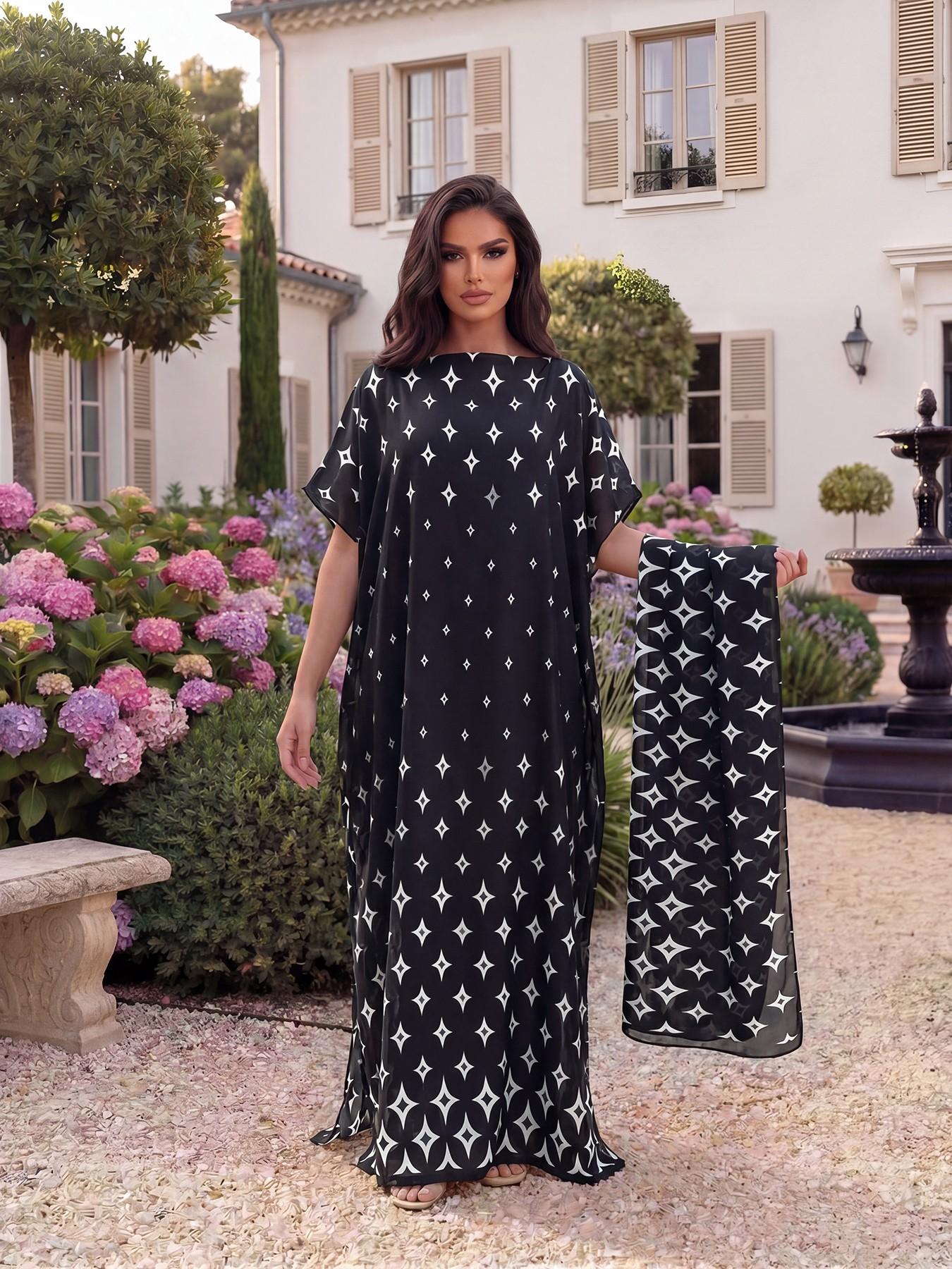 Elegant Geometric Print Shawl Set, Fitted Long Robe with Headscarf, Sun Protection Silk Scarf, Beachwear for Women, All Seasons, Swimsuit Coverup, Beach Cover Ups, Swimwear Cover Up