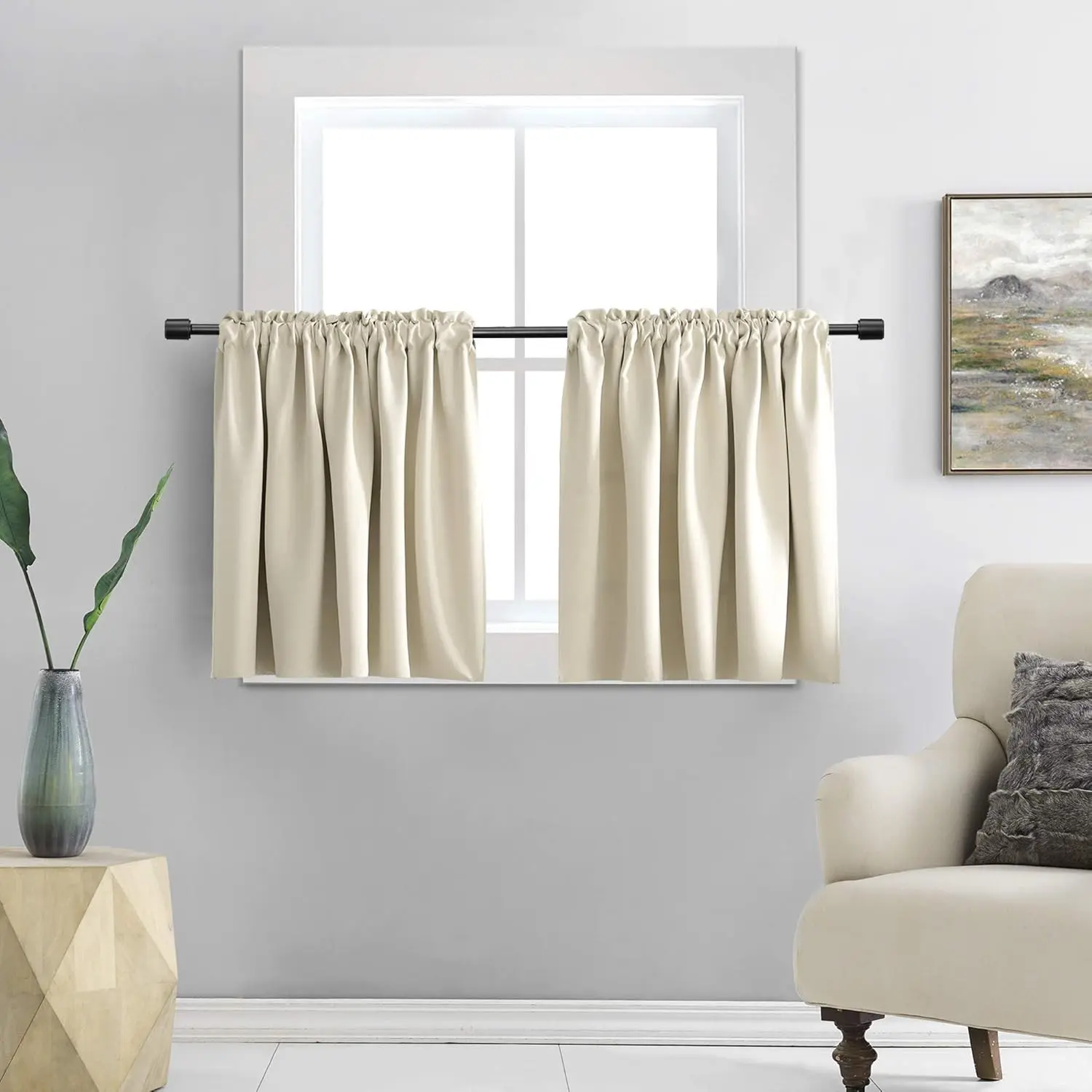 Beige Short Half Window Privacy Curtain Tiers Energy Saving Drapes for Bathroom Shades 34"W x 38"L per Panel Set of 2