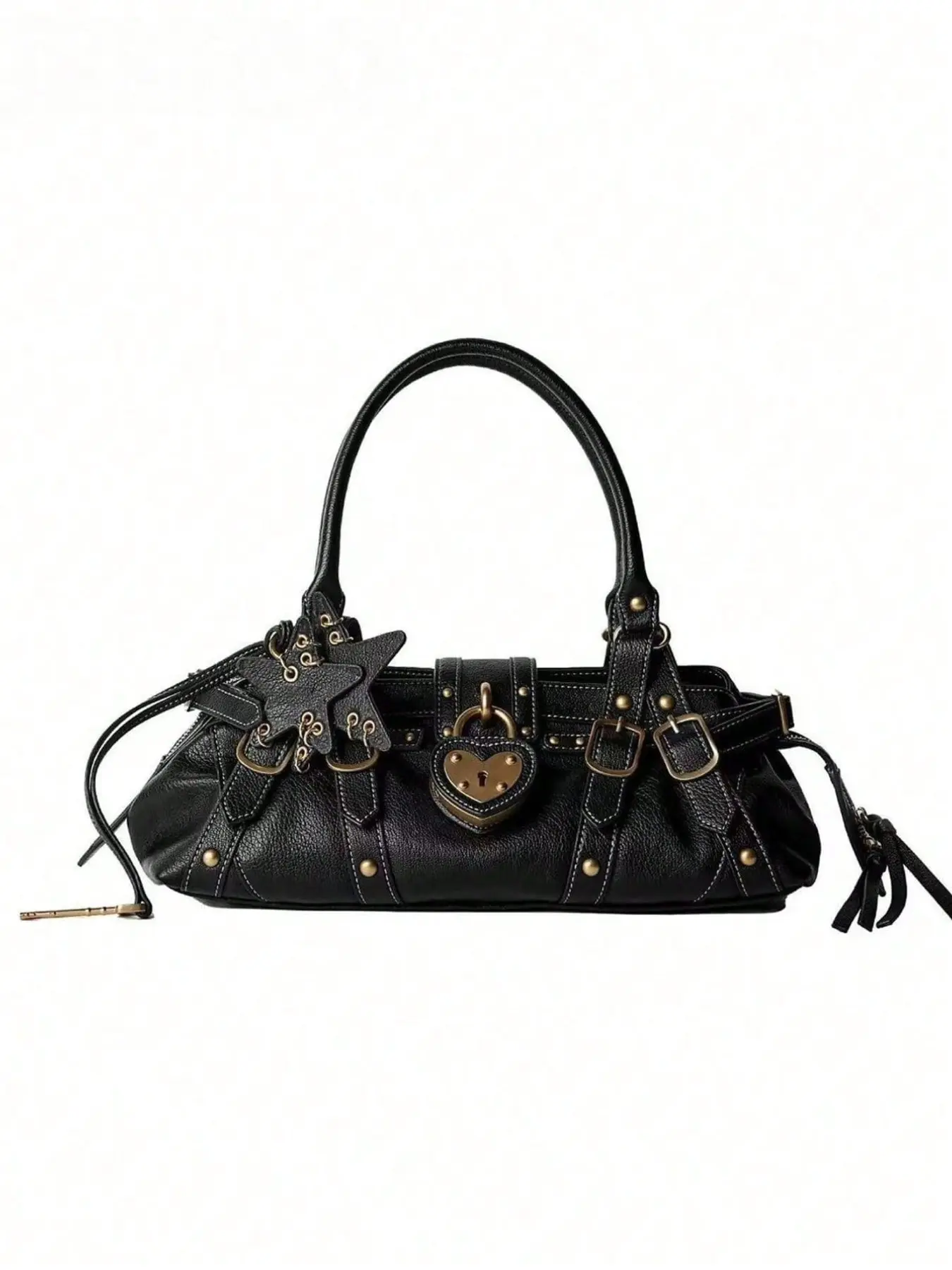 Soft Black Grain PU Leather Long Underarm Handbag, Vintage Y2K Gothic Moto Shoulder Bag Decorated with Antique Gold Heart Lock Star Charm Metal Rivets Adjustable Buckle Drawstring Ruched Side Streetwear Purse, Casual Everyday Bag for Women