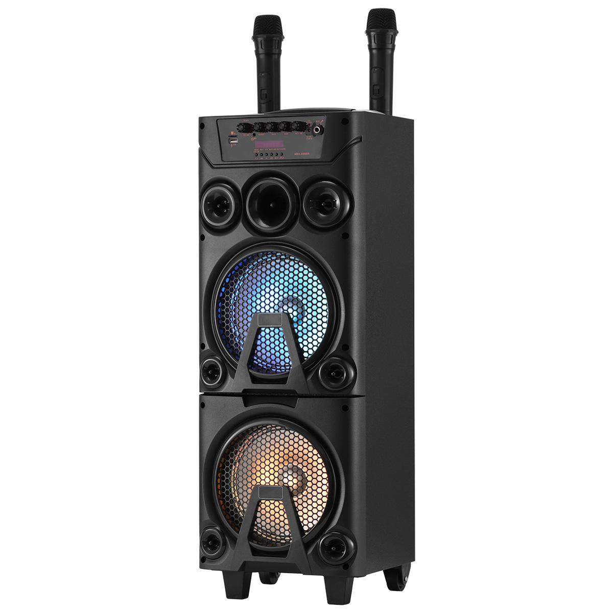 Portable Bluetooth Party Speaker Dual 8" Woofers Dual Wireless Microphones Wooden Cabinet TWS LED Light Rechargeable Stereo Wireless PA Speaker System Portable Bluetooth Party Speaker Dual 8" Woofers Dual Wireless Microphones Wooden Cabinet TWS LED Light Rechargeable Stereo Wireless PA Speaker System
