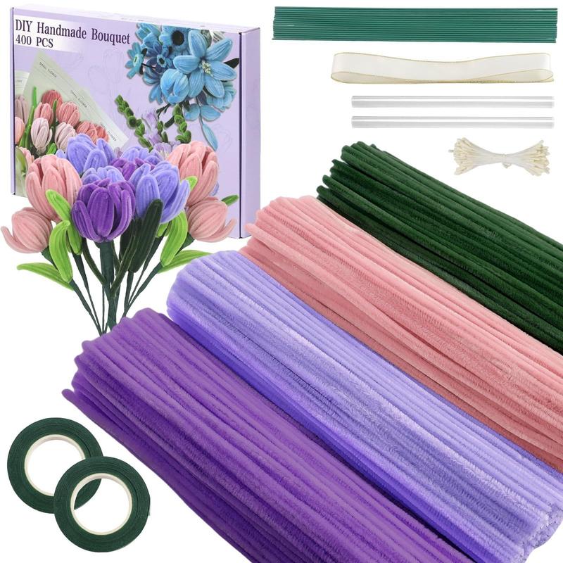 DIY Craft Kit, 400 Pieces Pipe Cleaners, 4 Colors, Chenille Stems, Floral Making Supplies, Includes String, Tape, Buds & Ribbons