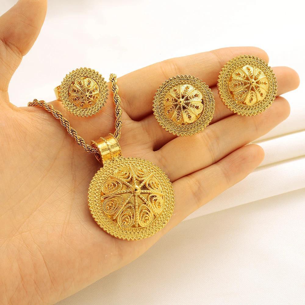 24K Gold Plated Fashion Ethiopian Earrings/Pendant/Ring Jewelry Sets Gold Plate Africa Bride Wedding Eritrea Set Gift