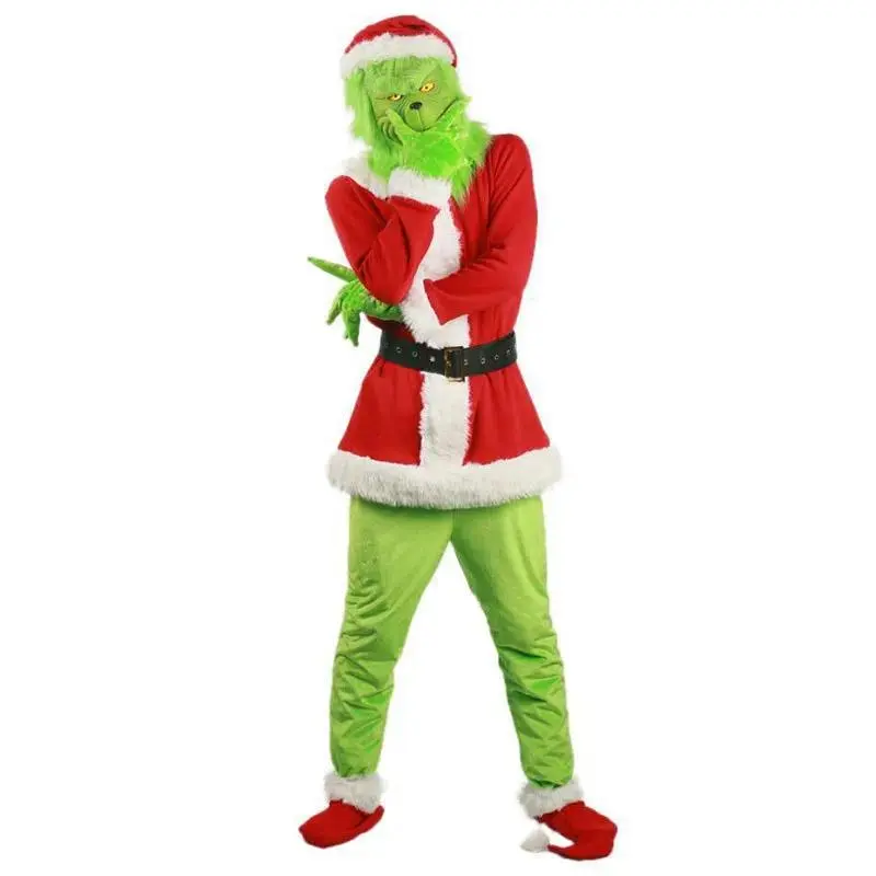 Santa Claus Costume Set Christmas Party Prom Adult Role Playing Green Outfit Monster Shaggy Halloween Cosplay Suit Gloves Mask