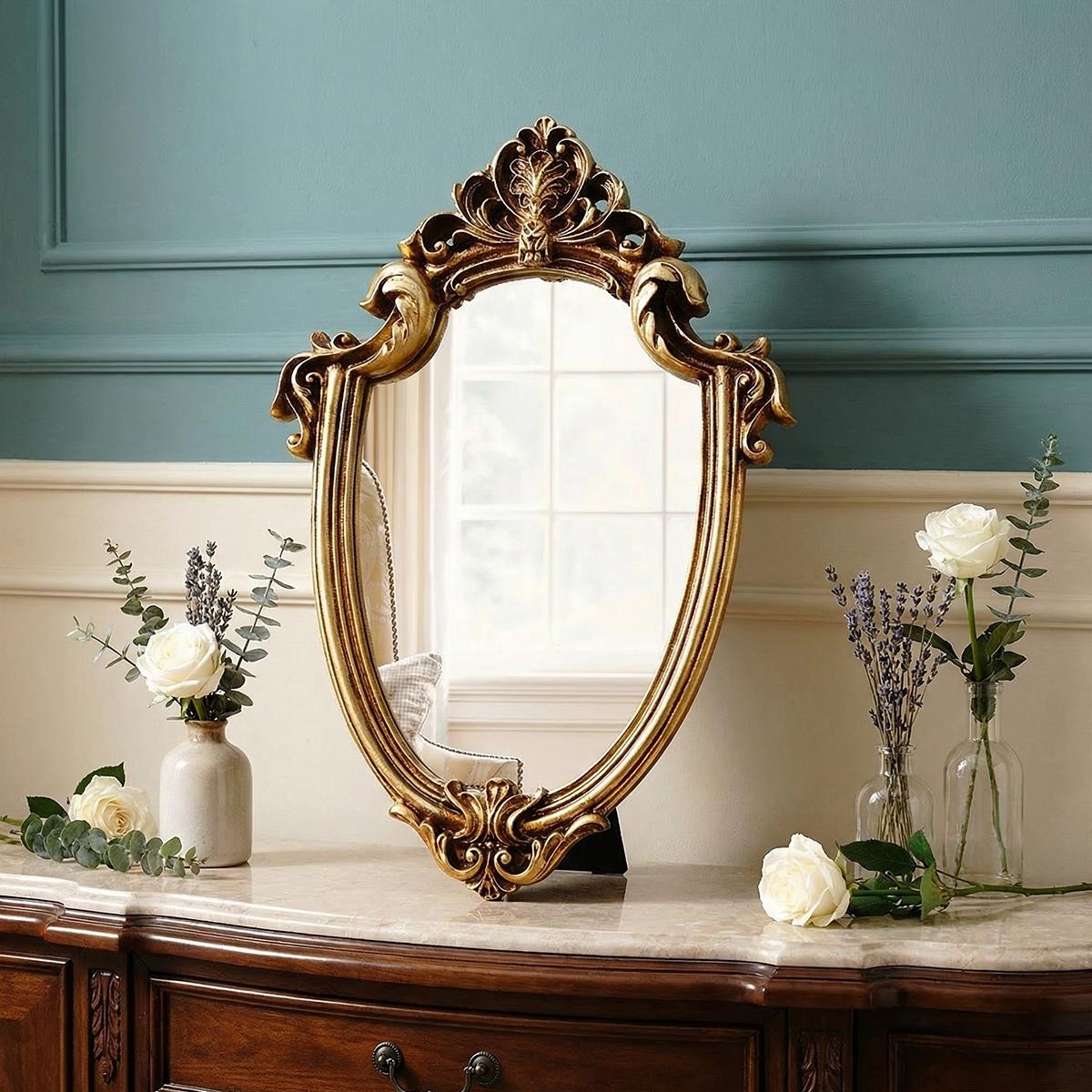 European Classical Gold Pattern Mirror Decorative Ornament, Wall-Mounted or Tabletop, Home Wall Decoration, Vanity Mirror