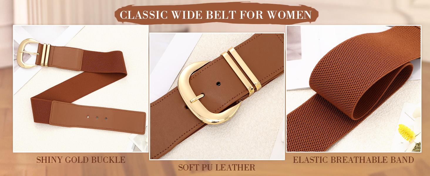 SUOSDEY Women Wide Elastic Waist Belt for Dresses Fashion Gold Buckle Stretchy Leather Waistband for Ladies