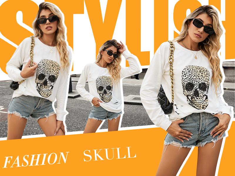 Blooming Jelly Halloween Sweatshirts Skull Graphic T Shirts Women's Long Sleeve Pullover Tops Gothic Fall Clothes