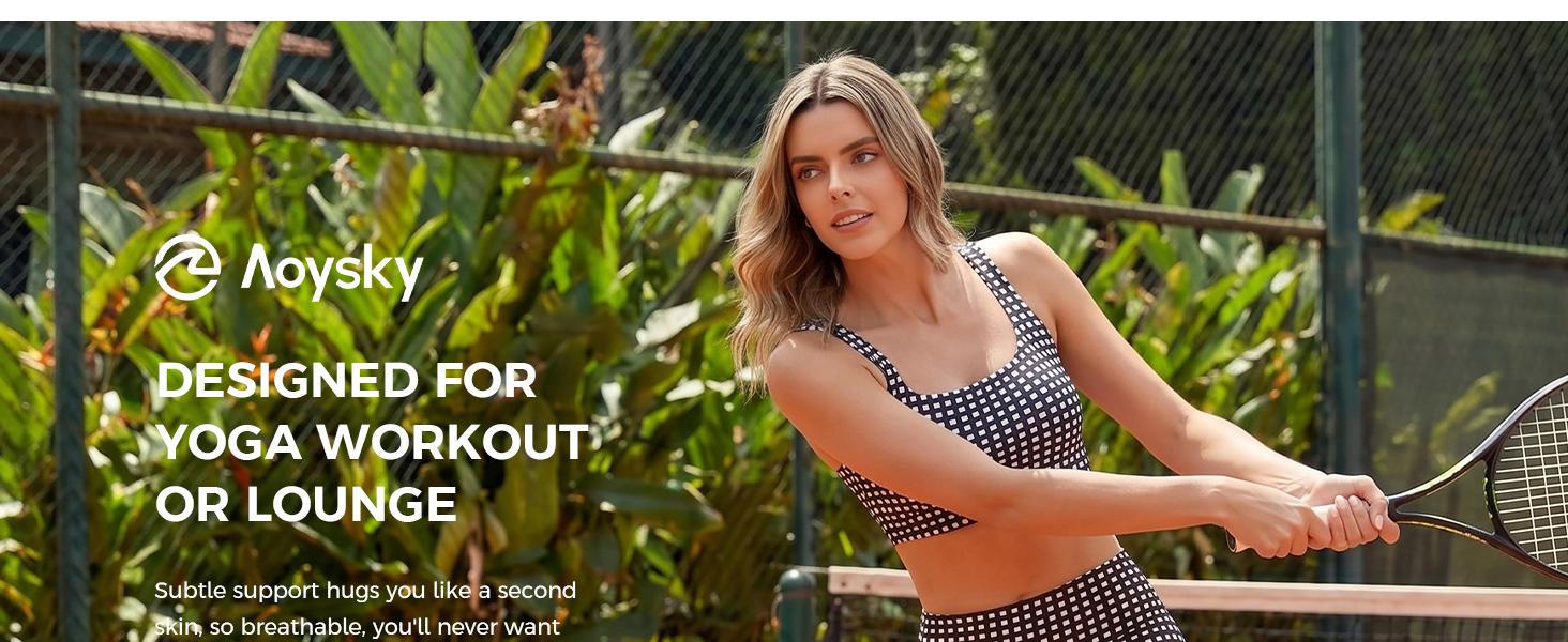 Aoysky Women's 2-Piece Gingham Workout Set - Padded Open-Back Crop Tank, High-Waist Sports Shorts, Women's Clothes, Open-Back Detail Flatters from Behind for Yoga, Two Piece Set