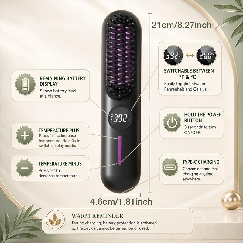 Cordless Hair Straightener Brush, Portable Rechargeable Heated Styling Brush with 7 Temperature Settings, USB-C Hair Smoother for Fine to Medium Hair, Travel Hair Styling Tool