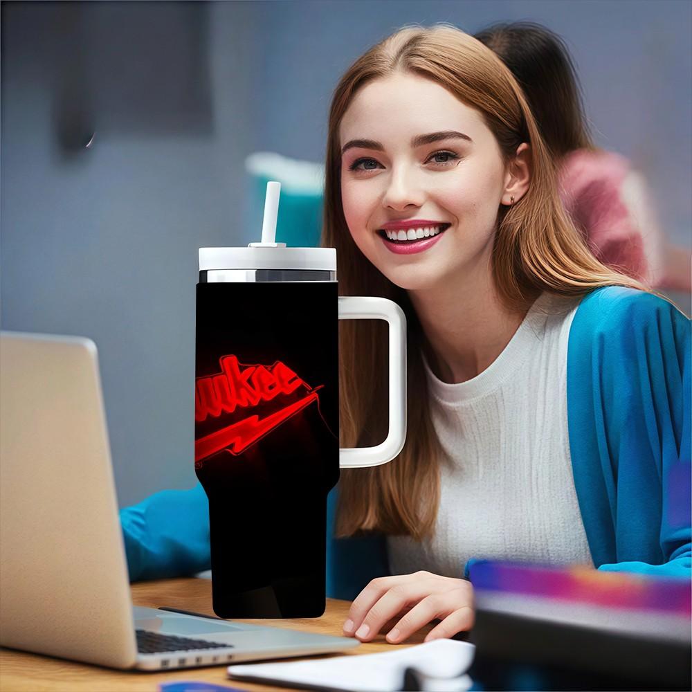 1pc 40oz Milwaukee Neon Style Thermos Cup, Reusable 2026 New Arrival with Straw & Lid, Perfect Gift for Office, Hot Drinks & All Occasions