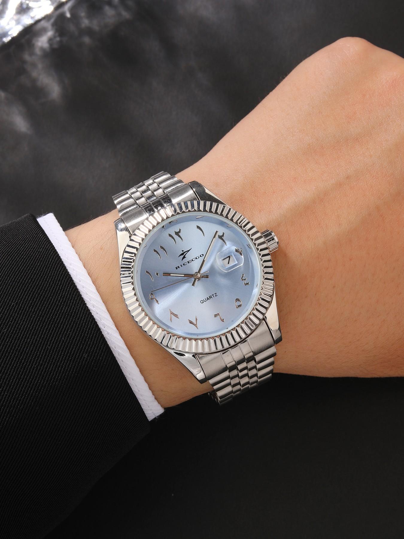 1pc Men's Analog Quartz Wristwatch, Arabic Numerals, Durable Stainless Steel Bracelet, Stylish and Versatile Accessory, Date Function, Suitable for Any Occasion, with Box, Analog Watches!