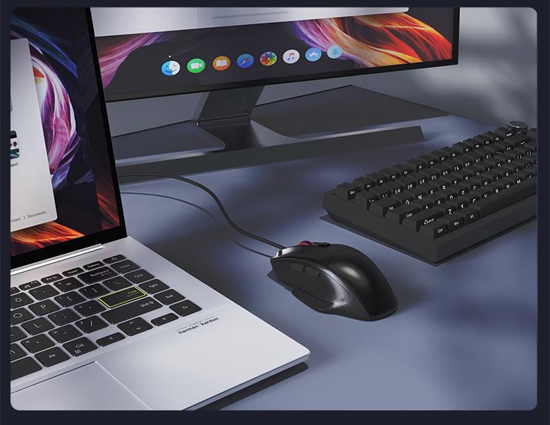 NJ05 wired office mouse with light sound buttons and finger drag design AJAZZ ergonomic office supplies mouse DPI3600 optical engine chip 125Hz 3D rubber roller lightweight 91g suitable for gaming and office use