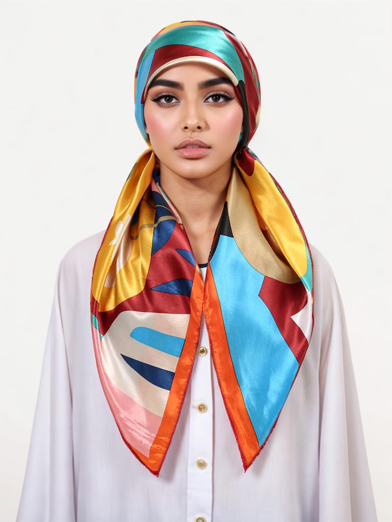 Women's Square Hijab Scarf, Color Block Print Turban, Chemotherapy Sleep Cap, Elastic Head Wrap, Daily Wear, Muslim Accessories, Casual Soft Scarf