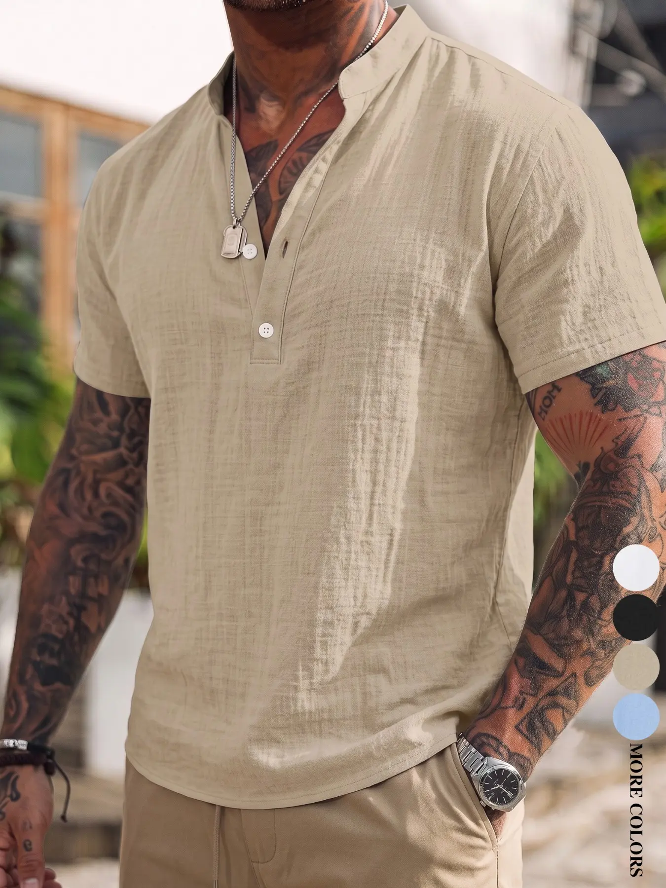 Men's Summer Everyday Wear, Beach Resort Outing, Small Stand Collar Henley Short-Sleeve Shirt, Work, Outdoor, City, Slim Fit, Trendy, Street Style, Casual, Youthful, Simple, Retro, Versatile, High-Quality, Stylish, Individualistic, Sporty