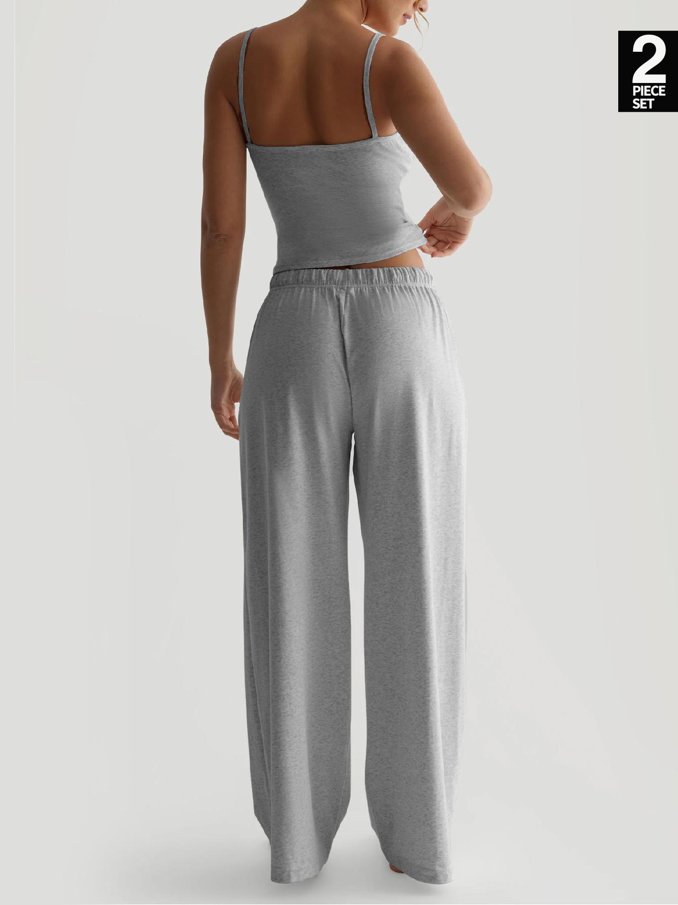 Women's All Seasons Fitted 2-Piece Set, Sleeveless Top & Wide-Leg Pants, Casual Comfortable Sportswear Set with Pockets