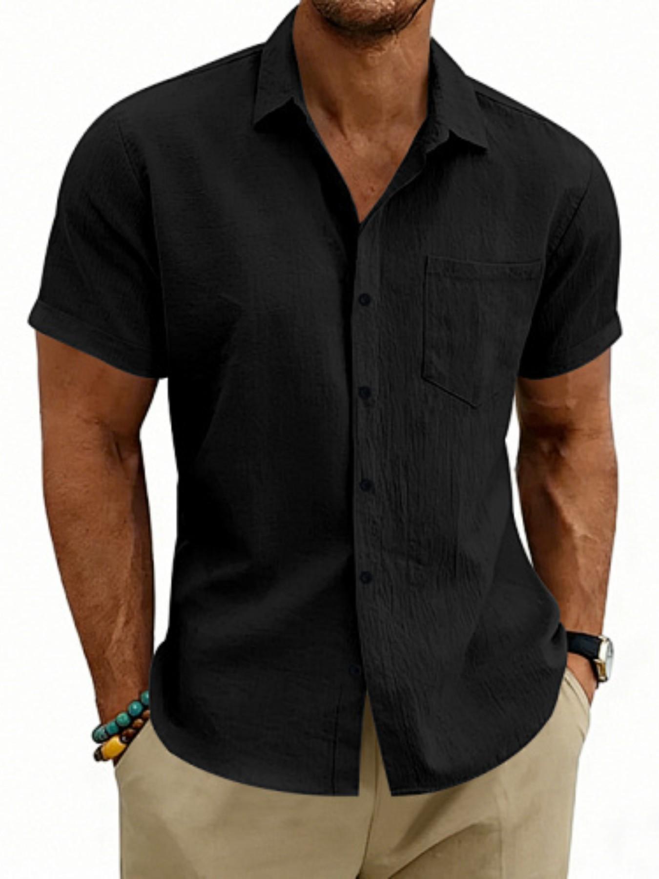 Men's Hawaiian-style linen loose-fit semi-high-neck short-sleeved top, designed for casual daily wear with comfortable and breathable fabric