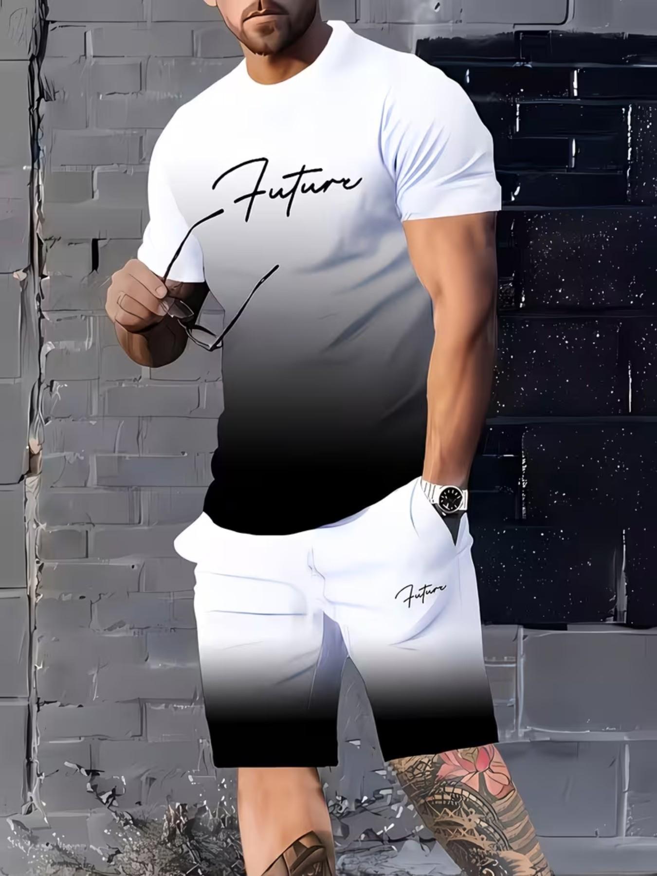 Men's Summer Casual Sports Set, Striped Print Short Sleeve T-Shirt and Pocket Shorts, Gradient Blue to