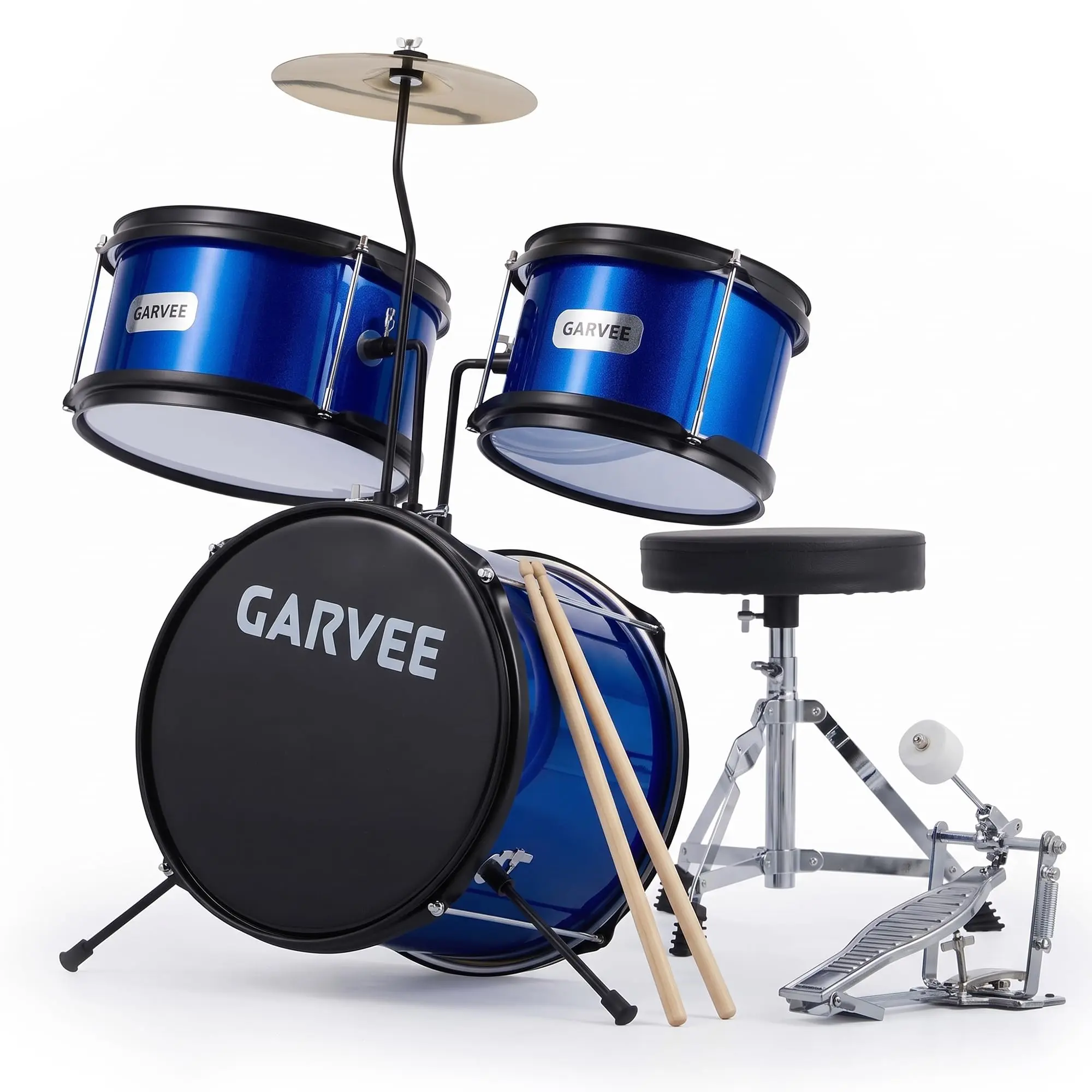 Garvee 3-Piece Drum Set Featuring Bass Drum, Snare Drum, Tom, Cymbal, and Pedal Available in Blue and Black Colors, Ideal for Beginner to Intermediate Drummers Seeking a Compact and Complete Percussion Kit