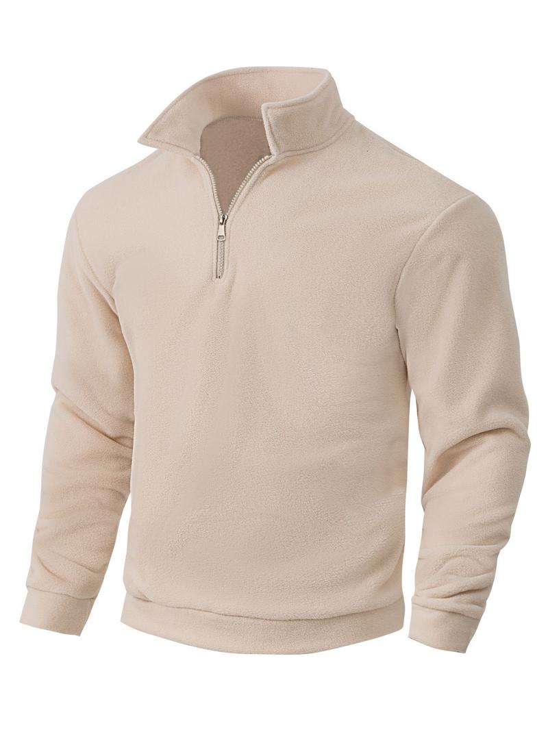 Men's Fall Winter Outfits Plain Polar Fleece Stand Collar Half Zip Pullover Long Sleeve Sweatshirt for Daliy Wear, Old Money Style Casual Versatile Essential Wardrobe Item.
