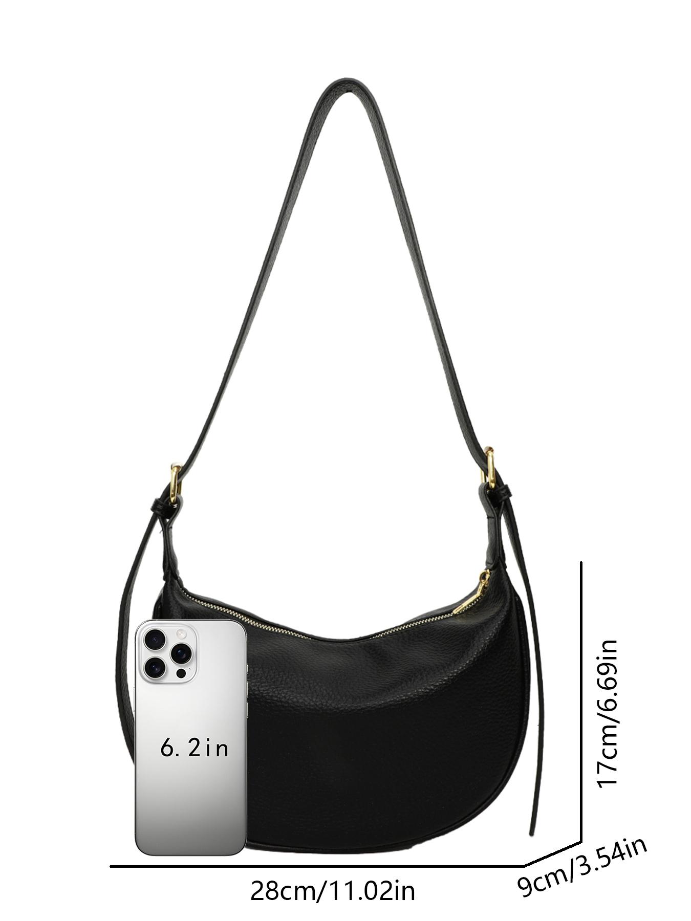 Black simple and fashionable lychee pattern crescent bag, niche pleated bag body, adjustable wide shoulder strap crossbody bag, metal buckle decoration, lightweight daily commuter bag, suitable for shopping, dating, etc.
