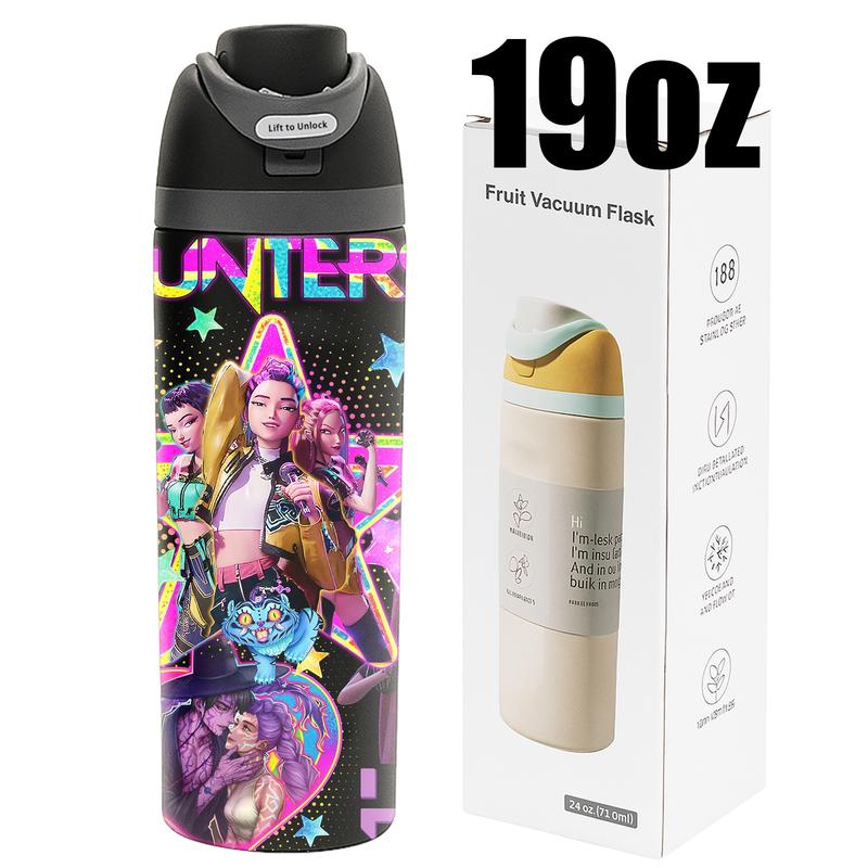 AuraCup 1pc 19/24/32oz KPop Demon Hunters Stainless Steel Tumbler, Anime Boys Comic Print, with Lid and Straw, Keep Hot 12H / Ice Drinks 24H, Great for Travel, Office, Unique Gift for music Lovers, KPop Demon Hunters, Fun Gift for Teens or Pop Culture Fan