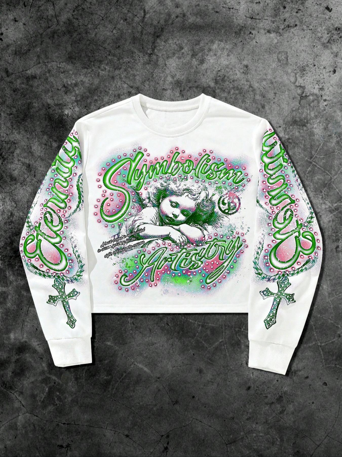 Men's Graphic Sweatshirt with Letter and Cross Print, Loose-Fitting Fall & Winter Pullover, Casual Angel Design Long Sleeve Top