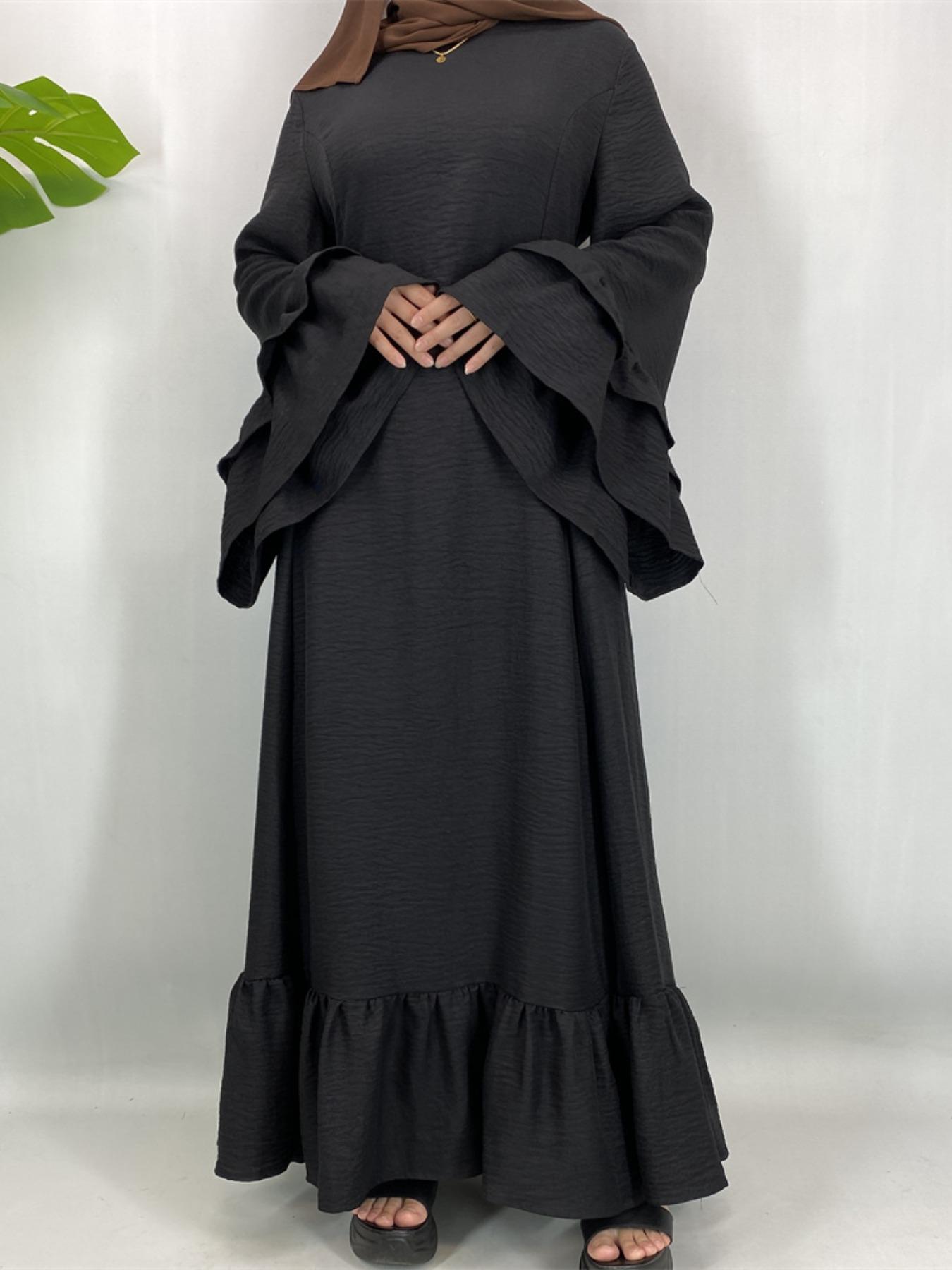 EID Muslim Women Long Robe, Islamic Clothing, Multicolor Bubble Sleeves, Fitted Plain Design, Suitable for Daily Wear & Religious Occasions
