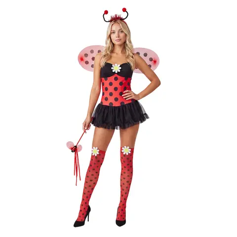 Women's Red Black Polka Dot Ladybug Halloween Festival Print Costume Set - Sexy Spaghetti Strap Tutu Dress with Fashion Accessories (Wings, Antenna Headband, Socks, Wand) for Party Carnival Cosplay